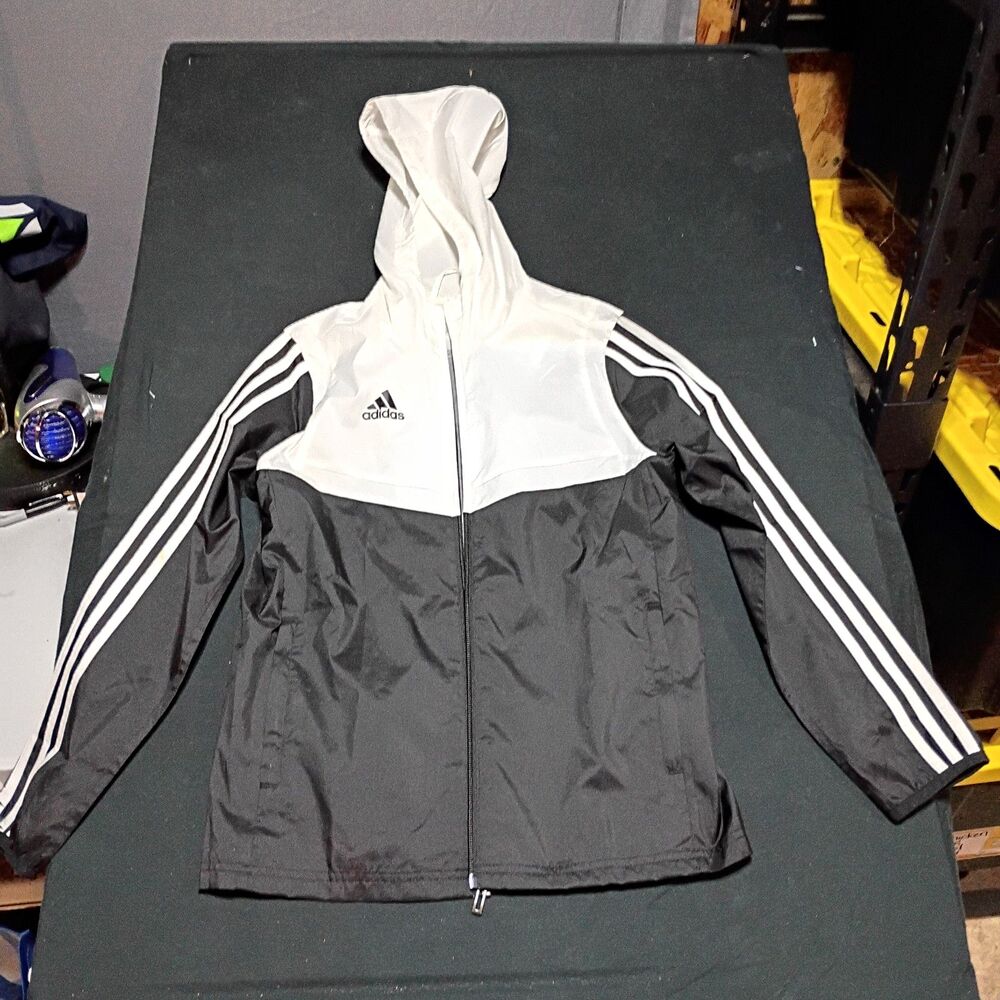 adidas Boys Hooded Full Zip Windbreaker Jacket Colorblock White/Black M